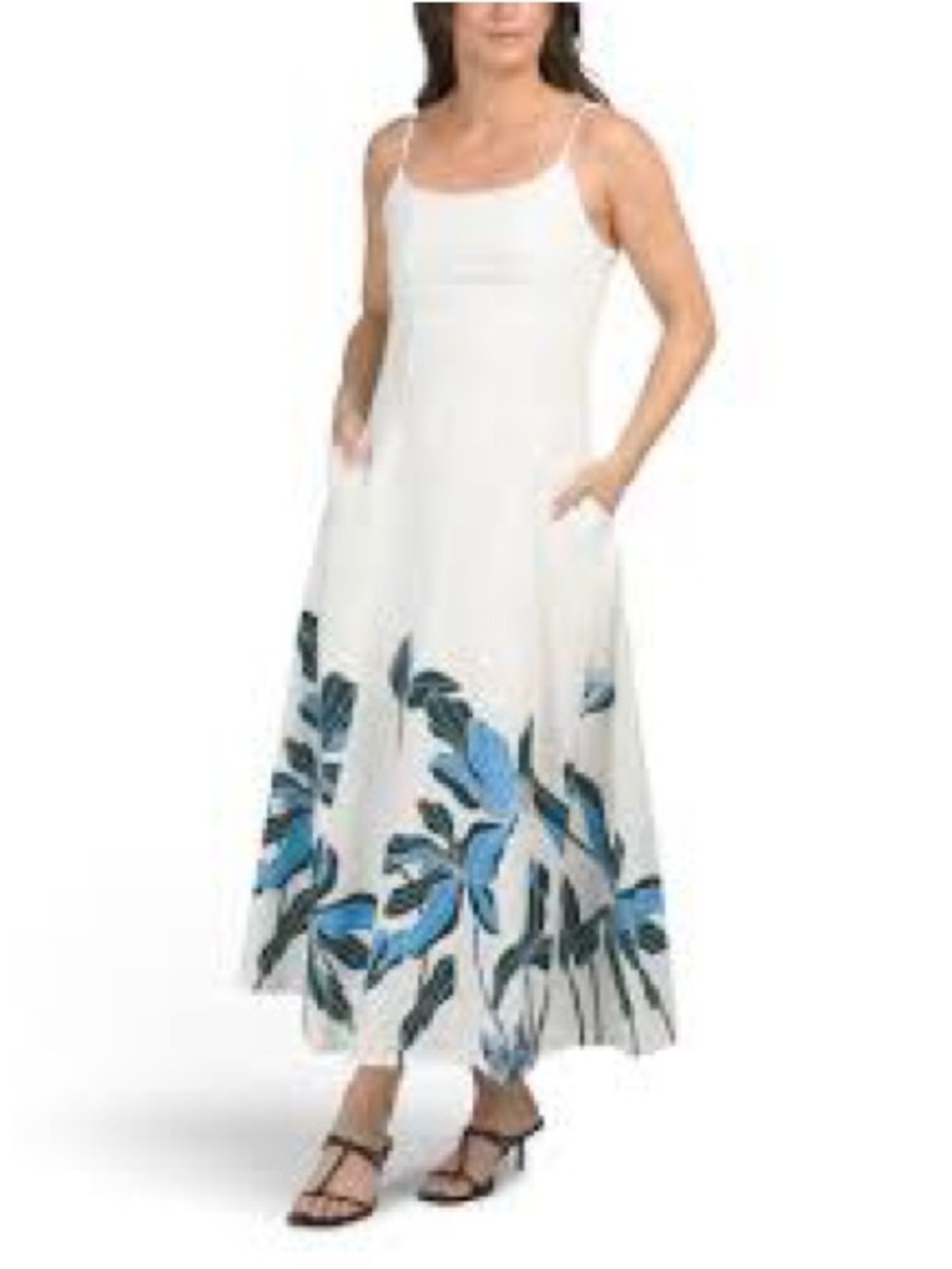 Rachel Zoe White Maxi Dress with Blue Floral Border linen with pockets